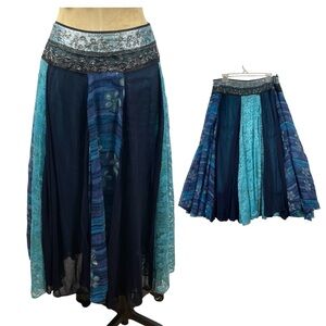 Chaudry Patchwork Skirt LG Blue Boho Fairy Embellished Sequin Cotton Folk Hippie